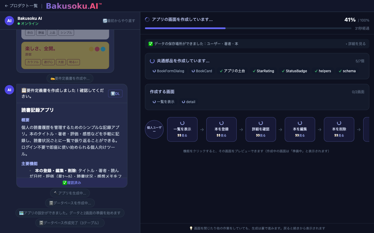 アプリを作成中の画面。進捗が41%と表示され、画面や部品が順に作られている